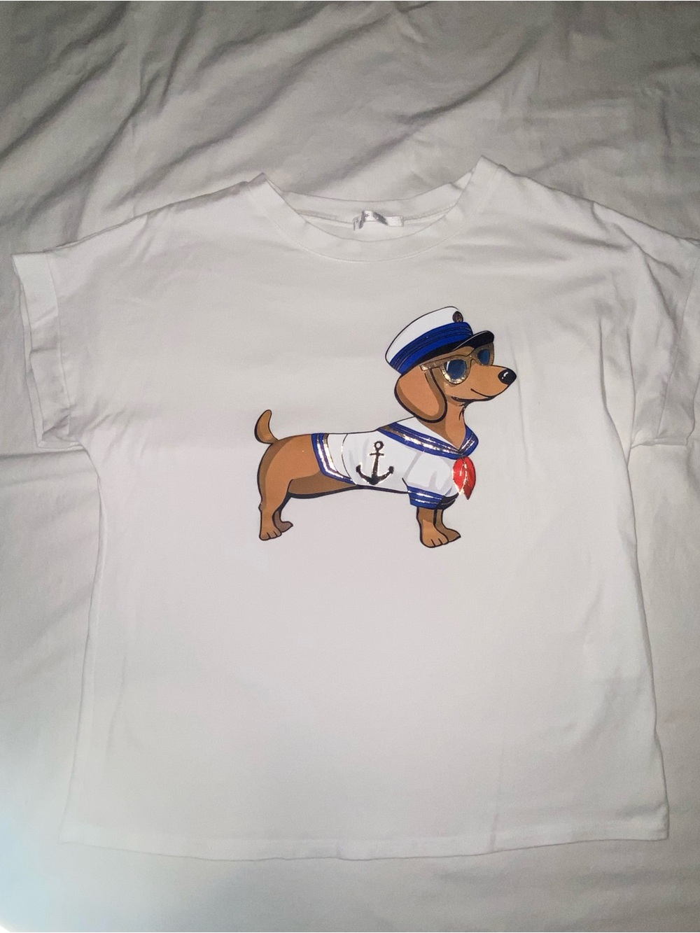 White Sailor Dachshund Graphic Short Sleeve Tee